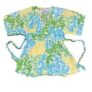 LILY Pulitzer Blue Green White Coral Print Blouse Dolman Sleeve Size XS